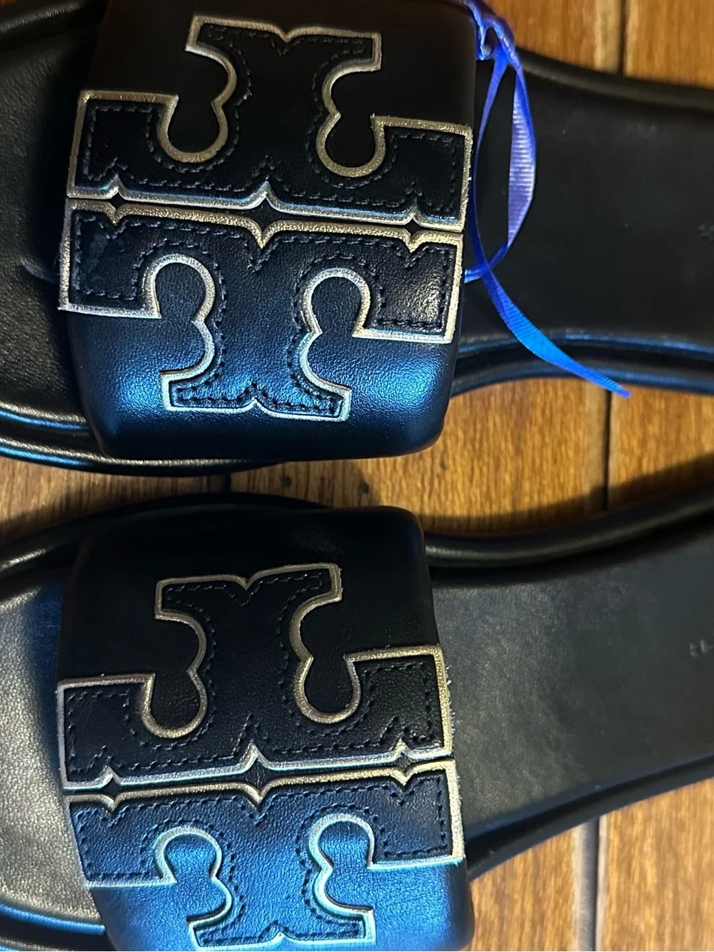Tory Burch Black Logo Slide Sandals with Contrasting Stitching